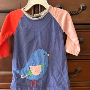 Baby Boden Navy Blue Bird Appliqué Raglan Dress with Red and Peach Sleeves